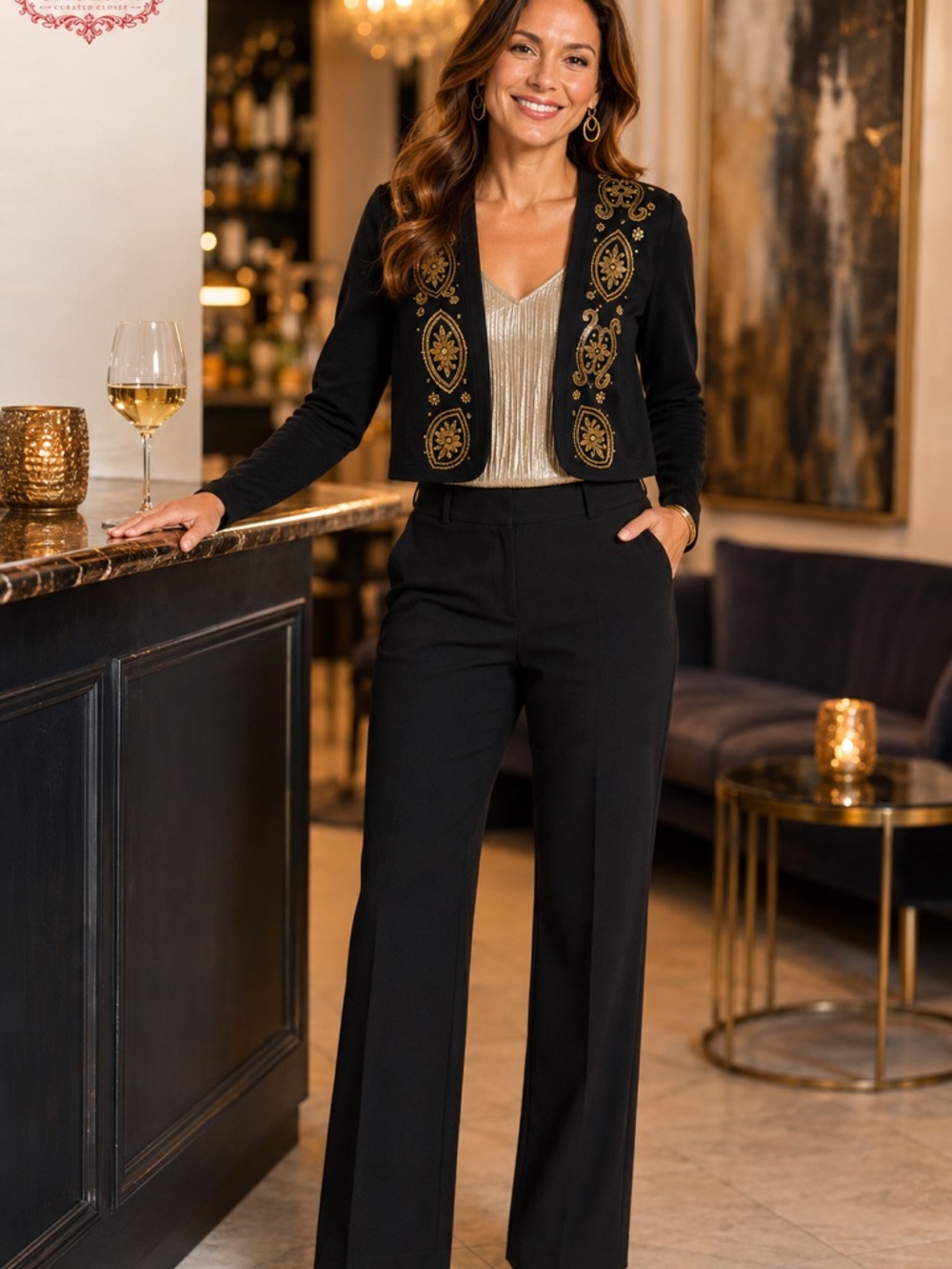 B6 Chico’s Sz 3 (XL) Black Silk Blend Bolero Cardigan Gold Sequin & Embroidered